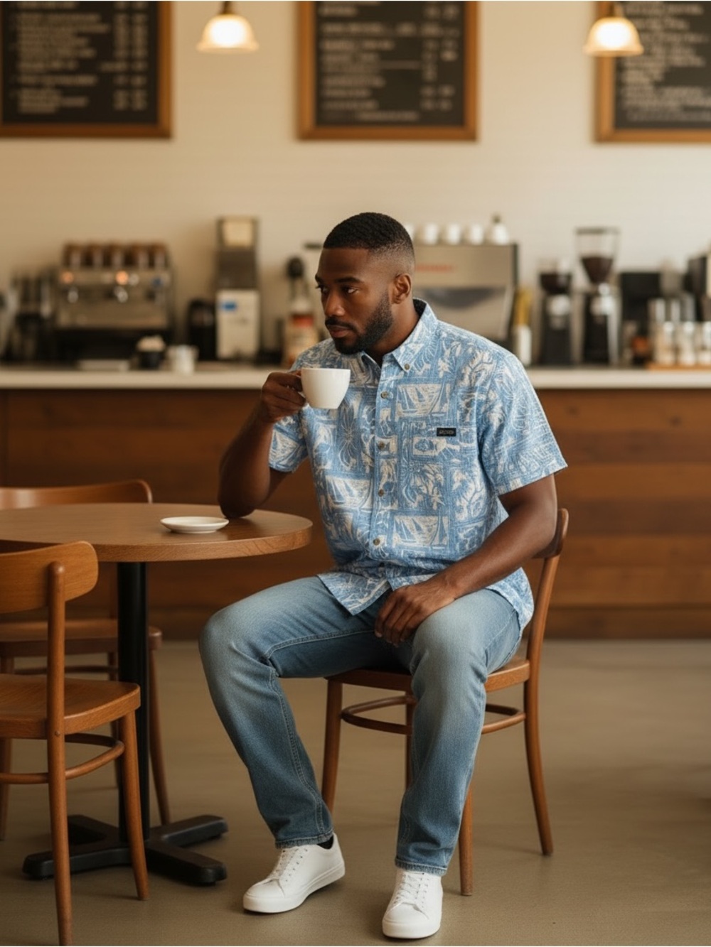 Men's Blue Printed Short-Sleeve Button-Down Shirt